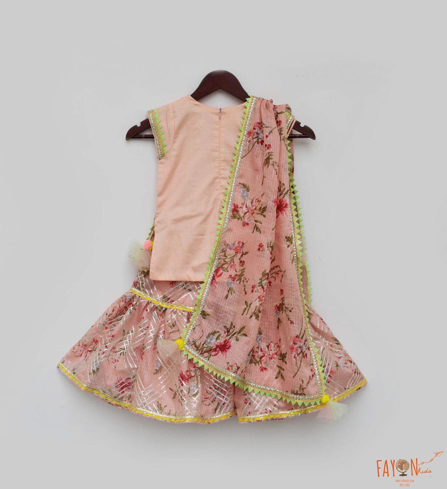 Kotta printed cotton silk peach Kurti Sharara with Dupatta set for girls