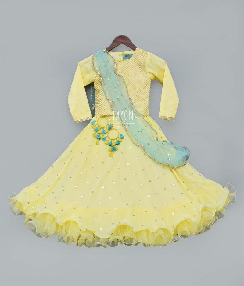 Lemon Yellow Sequin Booti Lehenga with Embroidery Choli Boti Net Dupatta for Girls