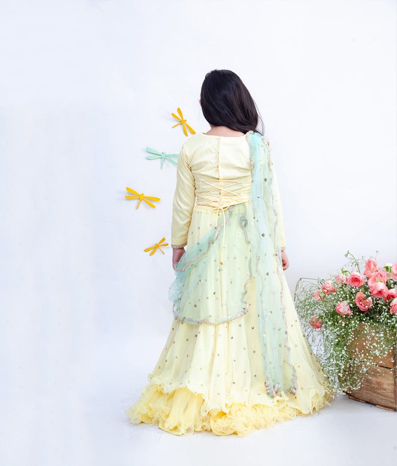 Lemon Yellow Sequin Booti Lehenga with Embroidery Choli Boti Net Dupatta for Girls