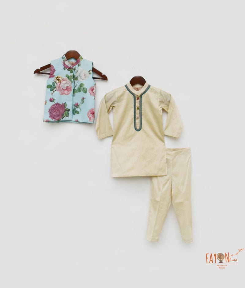 Light Fawn Kurta with Blue Floral Print Jacket Pant for Boys