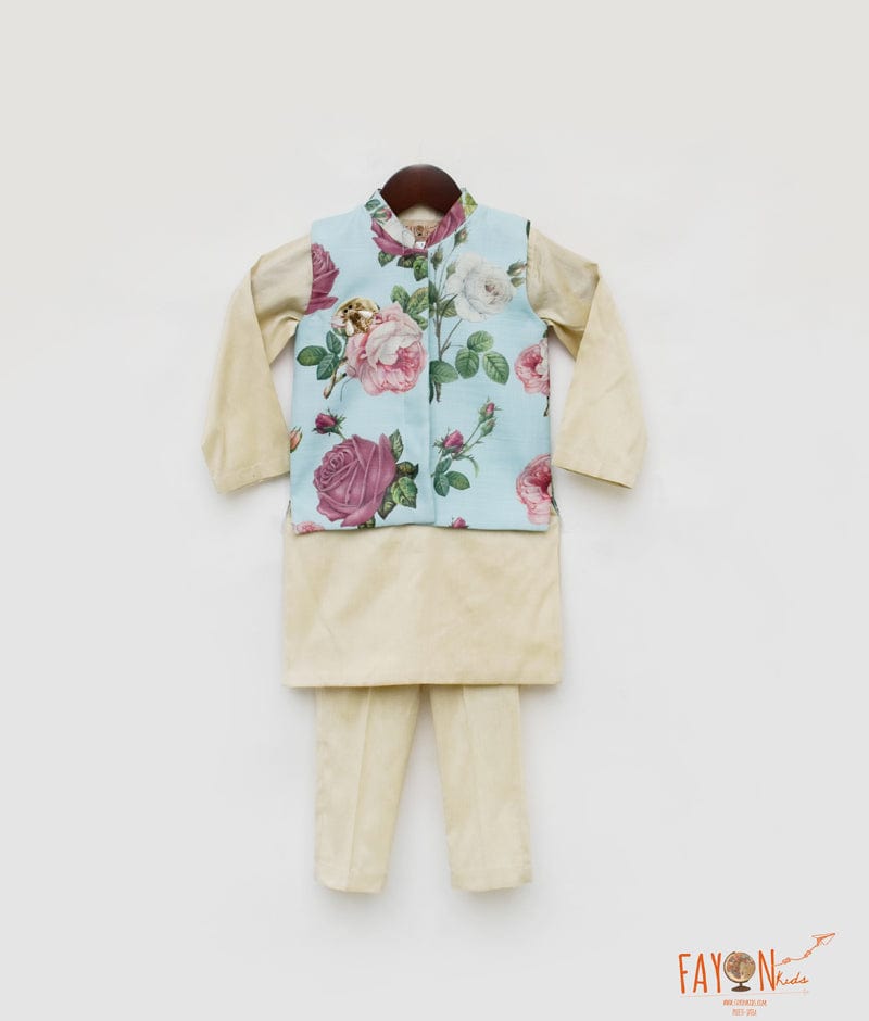 Light Fawn Kurta with Blue Floral Print Jacket Pant for Boys