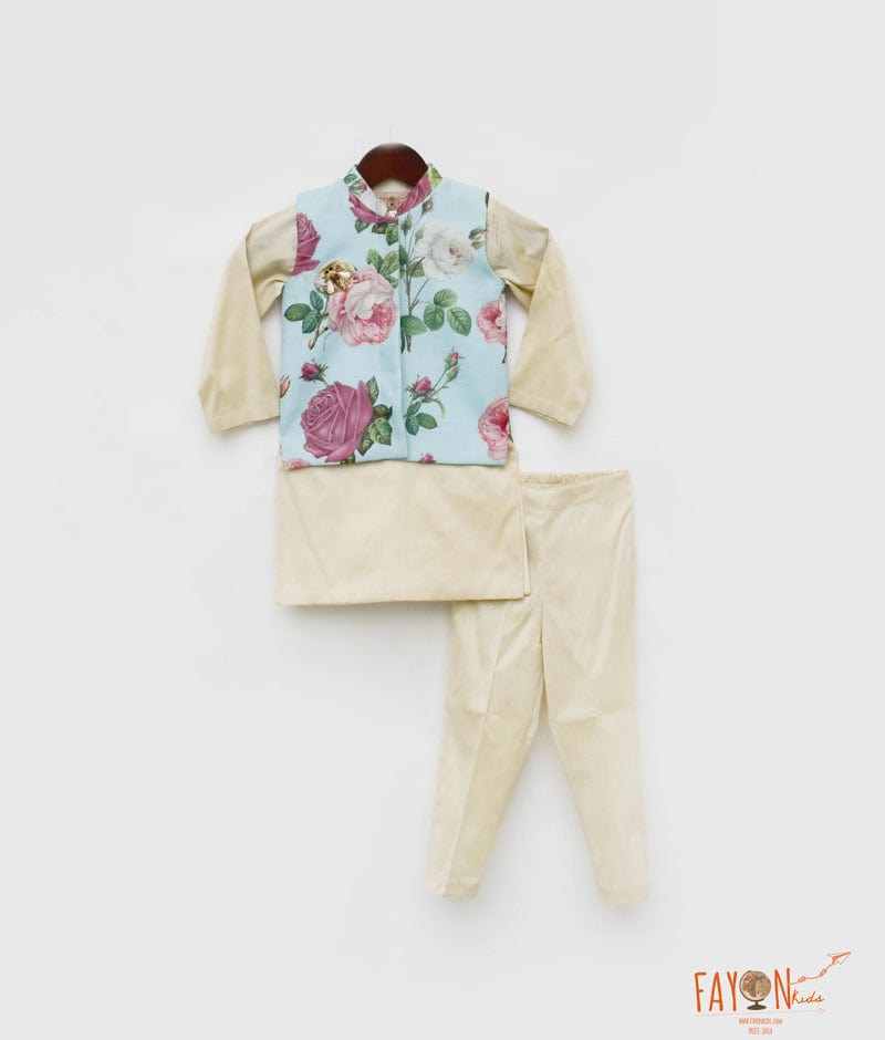 Light Fawn Kurta with Blue Floral Print Jacket Pant for Boys