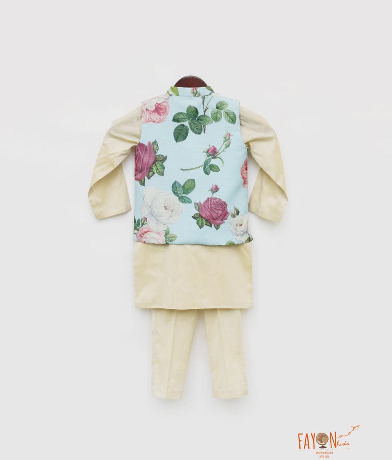 Light Fawn Kurta with Blue Floral Print Jacket Pant for Boys