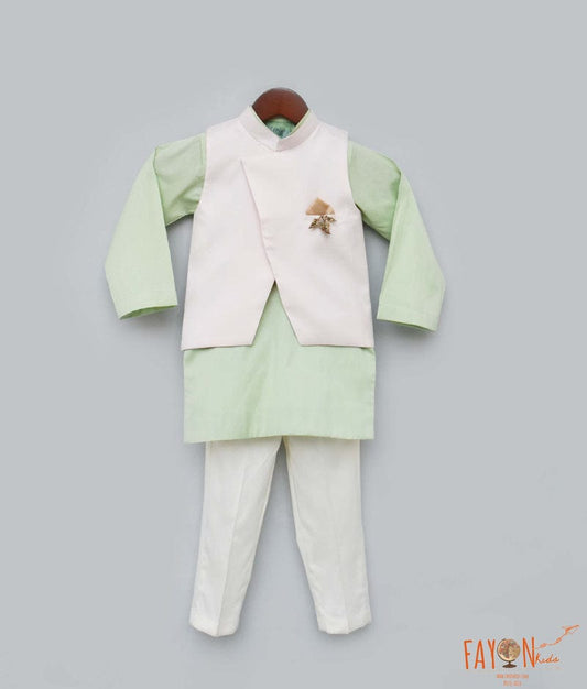 Light Peach Nehru Jacket with Pista Green Kurta Pant for Boys