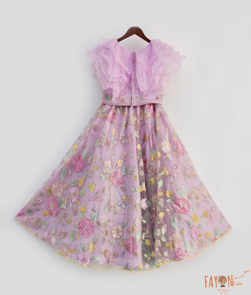 Lilac Embroidery Lehenga Organza Frill Top for Girls