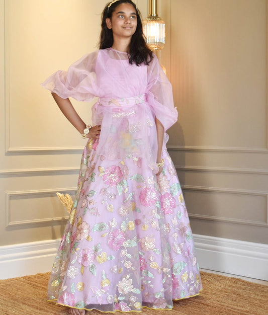 Lilac Embroidery Lehenga with Organza Cape for Girls