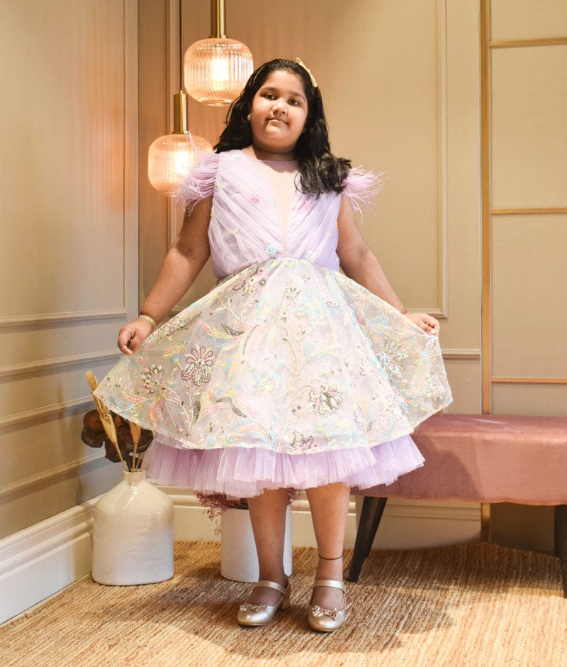 Lilac Embroidery Net Dress for Girls