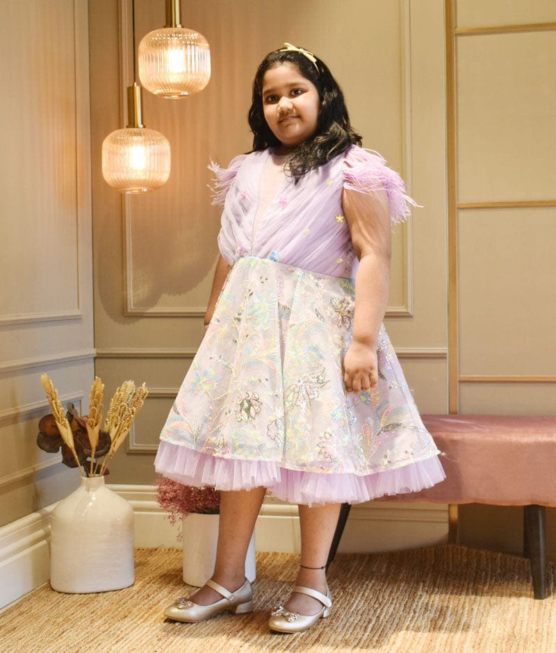 Lilac Embroidery Net Dress for Girls