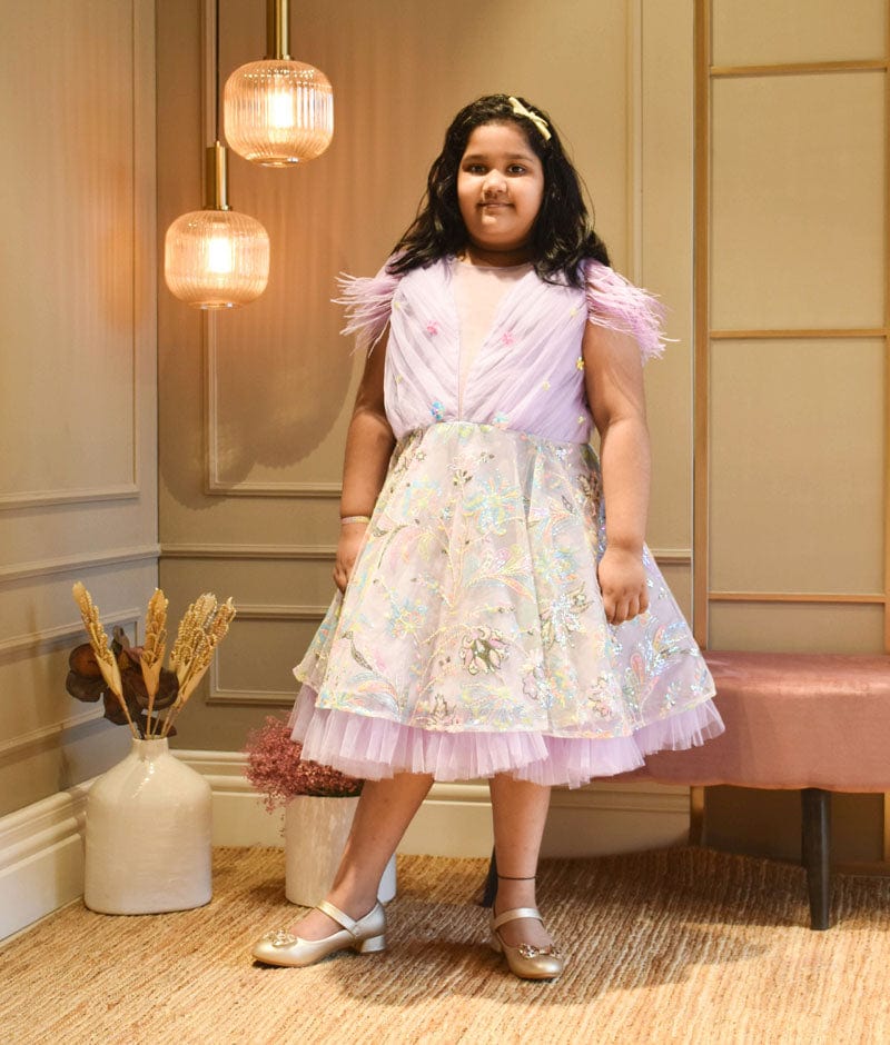 Lilac Embroidery Net Dress for Girls