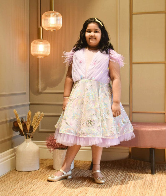 Lilac Embroidery Net Dress for Girls