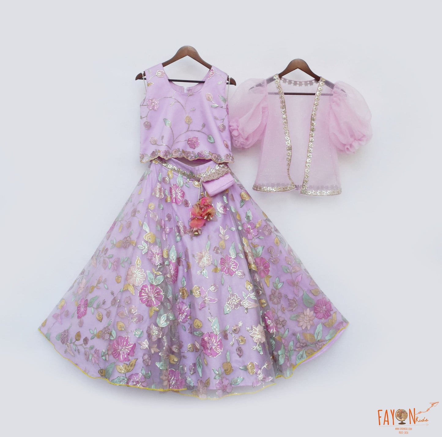 Lilac Net Embroidery Lehenga with Choli Organza Jacket for Girls