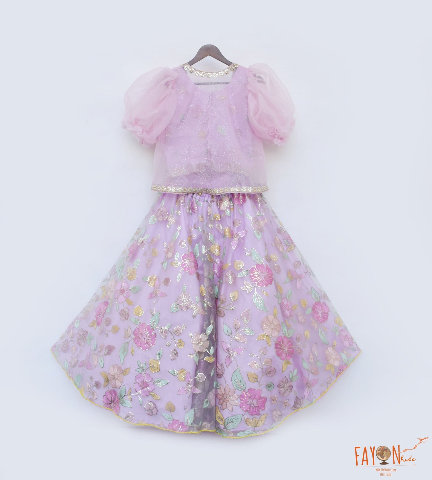 Lilac Net Embroidery Lehenga with Choli Organza Jacket for Girls