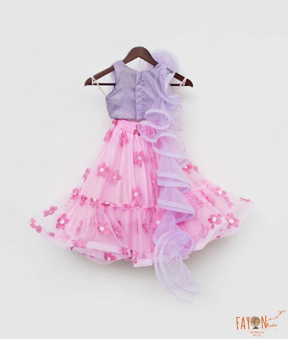 Fayon Kids Lilac Net Pink Net Embroidery Lehenga with Choli Drape for Girls