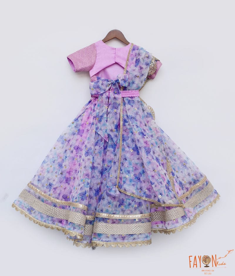 Lilac Organza Floral Printed Lehenga Choli Printed Dupatta for Girls