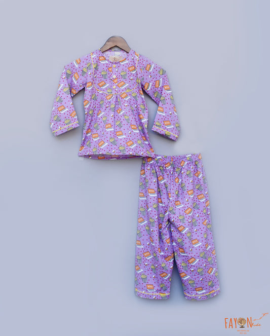 Lilac Printed Night Shirt with Pajama for Girls