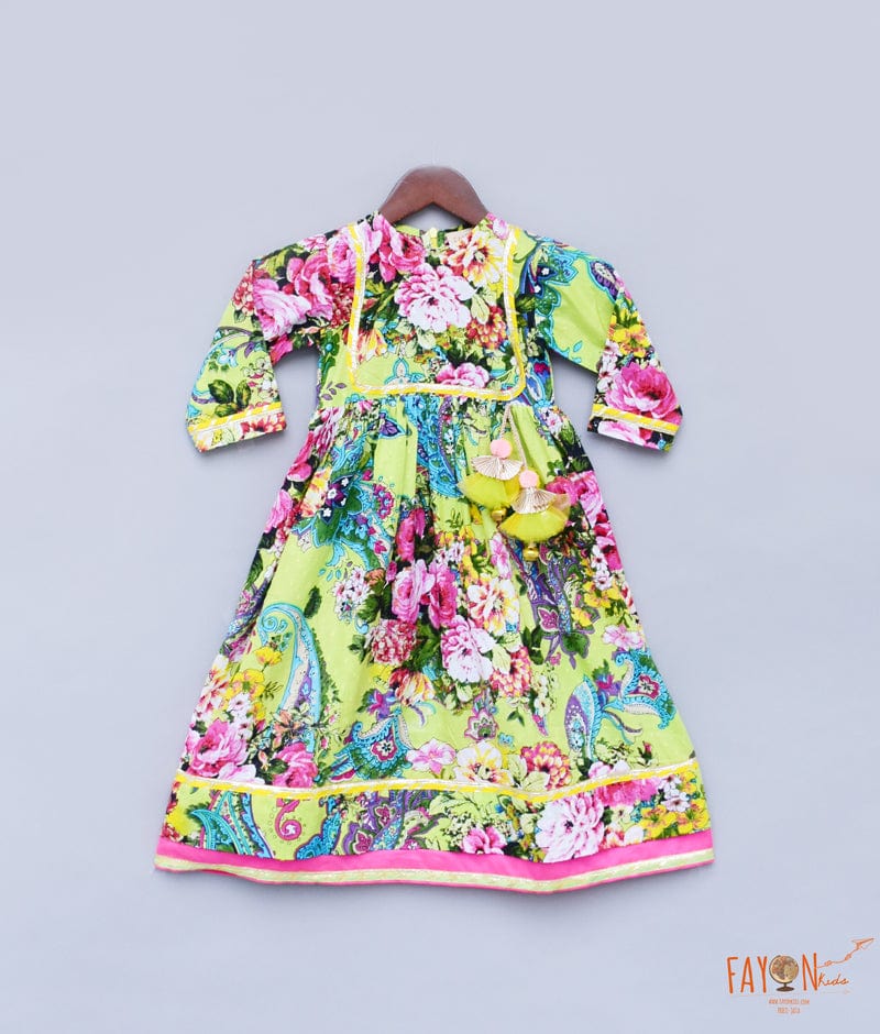 Lime Green Printed Anarkali for Girls