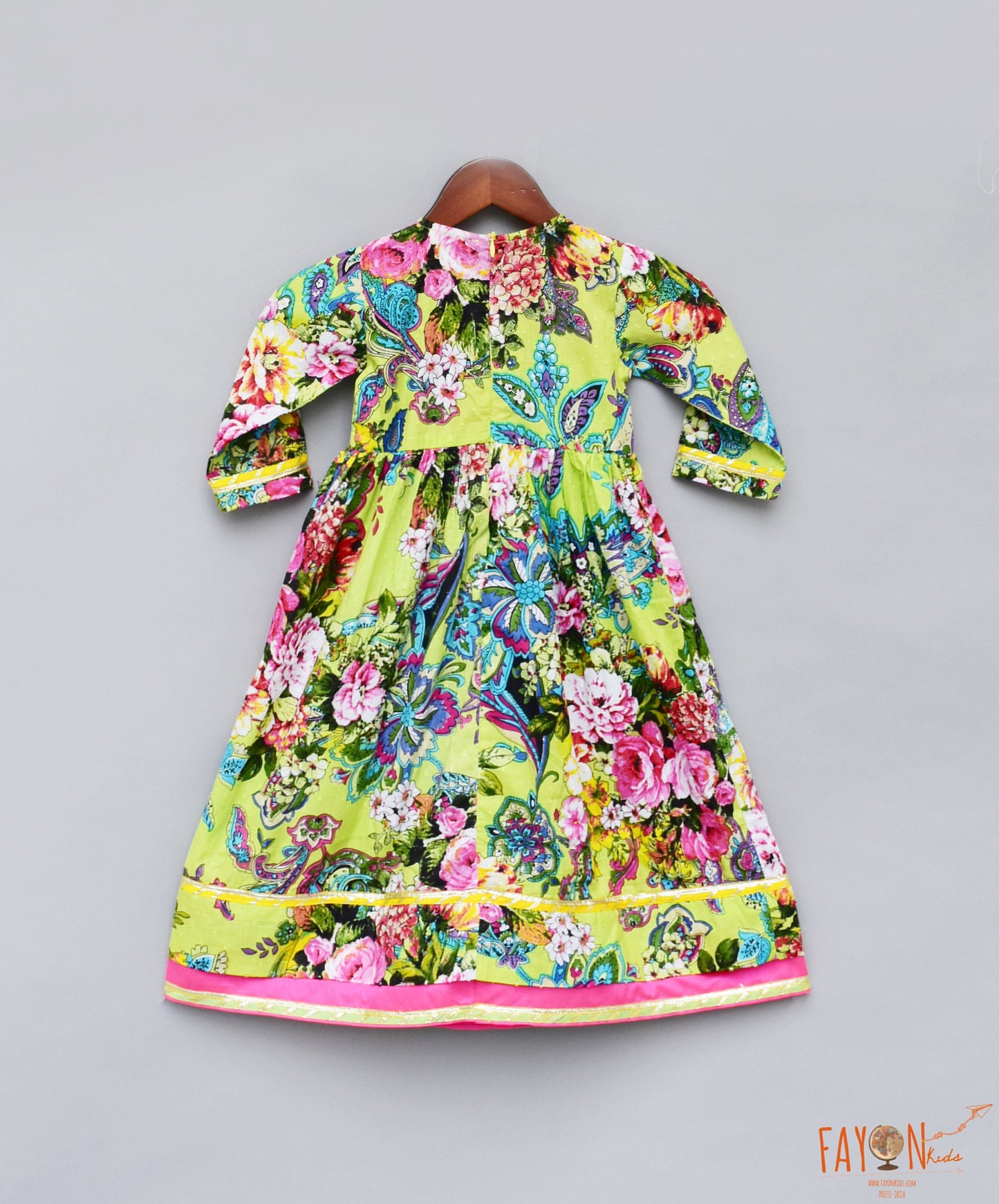 Lime Green Printed Anarkali for Girls