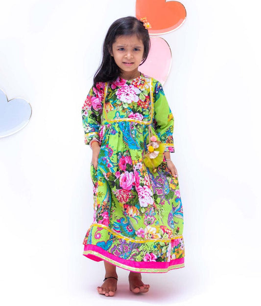 Lime Green Printed Anarkali for Girls
