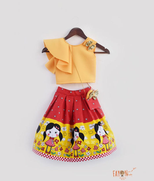 Mango Yellow Neoprene Red Cotton Printed Crop Top with Skirt for Girls