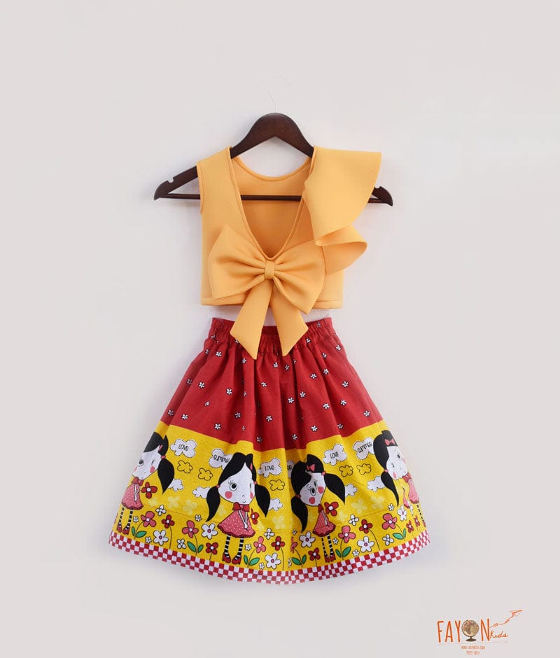 Mango Yellow Neoprene Red Cotton Printed Crop Top with Skirt for Girls