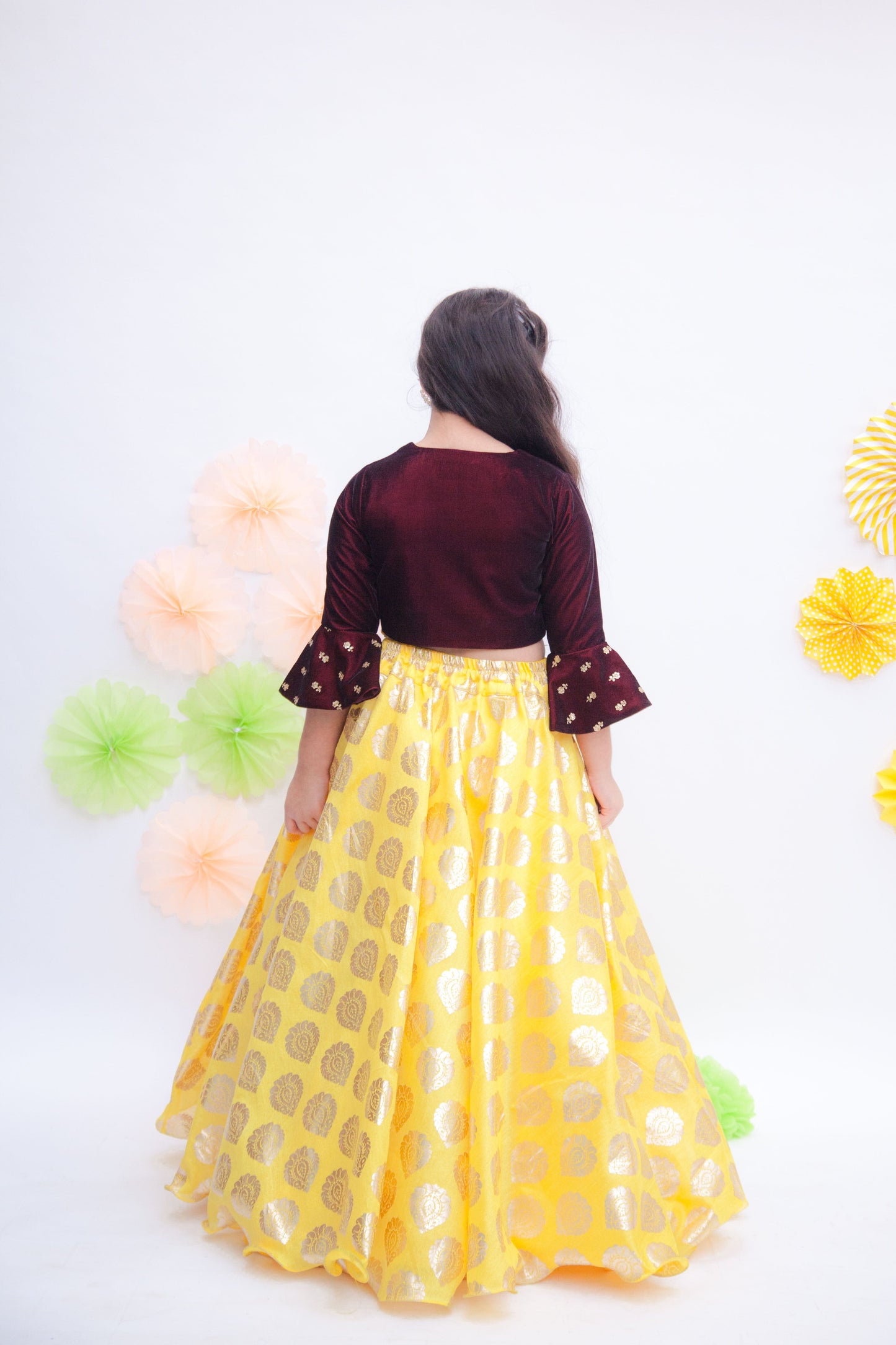 Maroon Booti velvet Choli Yellow Foil Printed Lehenga set for girls