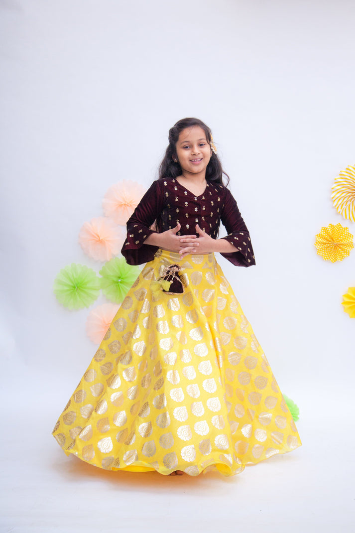 Maroon Booti velvet Choli Yellow Foil Printed Lehenga set for girls