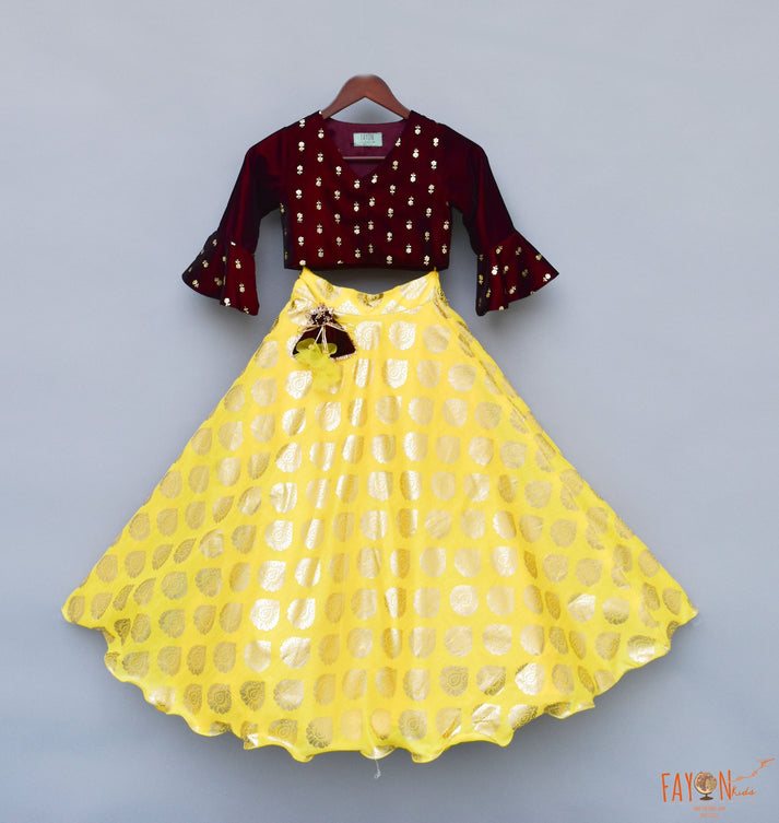 Maroon Booti velvet Choli Yellow Foil Printed Lehenga set for girls