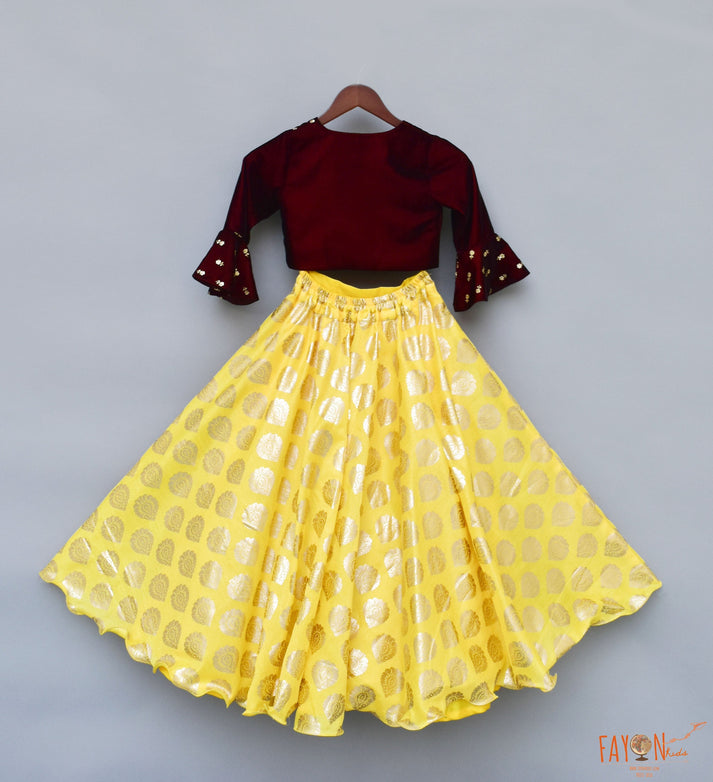 Maroon Booti velvet Choli Yellow Foil Printed Lehenga set for girls