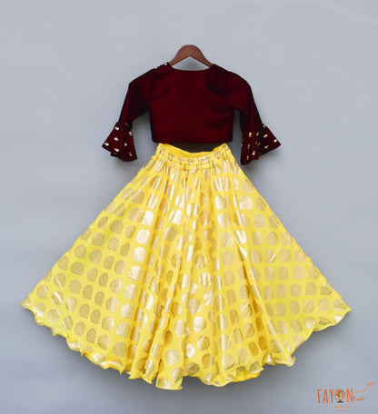 Fayon Kids Maroon Booti velvet Choli Yellow Foil Printed Lehenga set for girls