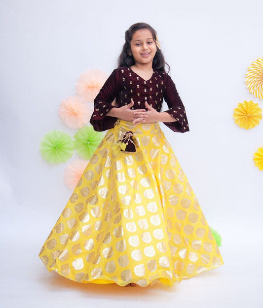 Maroon Boti Velvet Yellow Foil Printed Lehenga with Choli for Girls