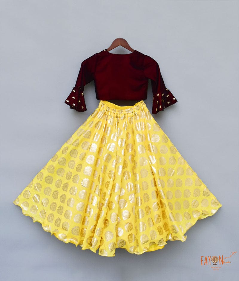 Maroon Boti Velvet Yellow Foil Printed Lehenga with Choli for Girls