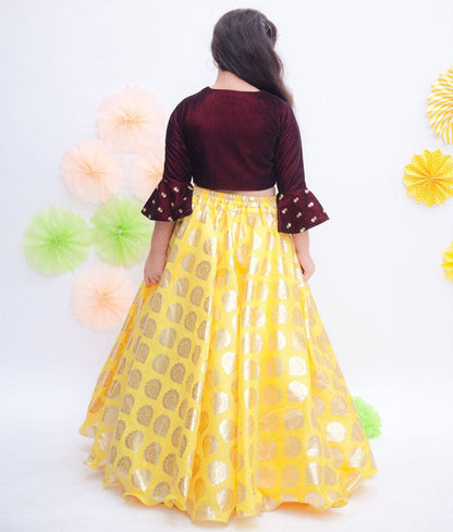Fayon Kids Maroon Boti Velvet Yellow Foil Printed Lehenga with Choli for Girls