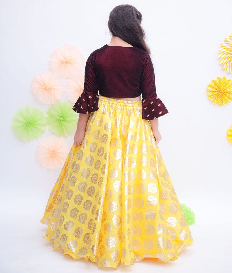Maroon Boti Velvet Yellow Foil Printed Lehenga with Choli for Girls