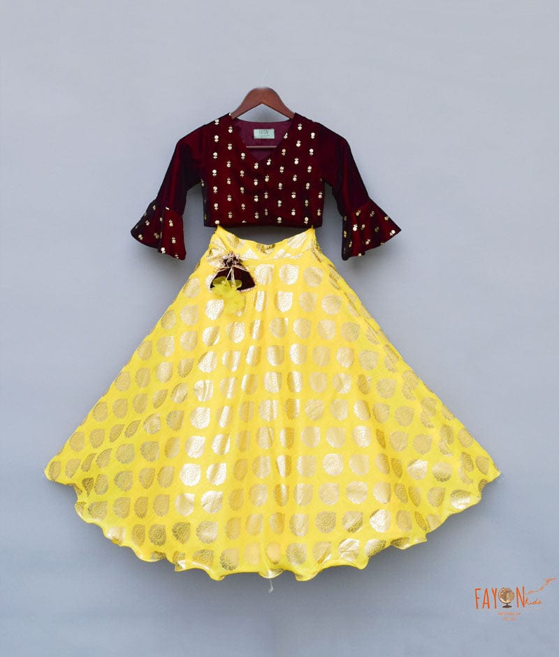 Maroon Boti Velvet Yellow Foil Printed Lehenga with Choli for Girls
