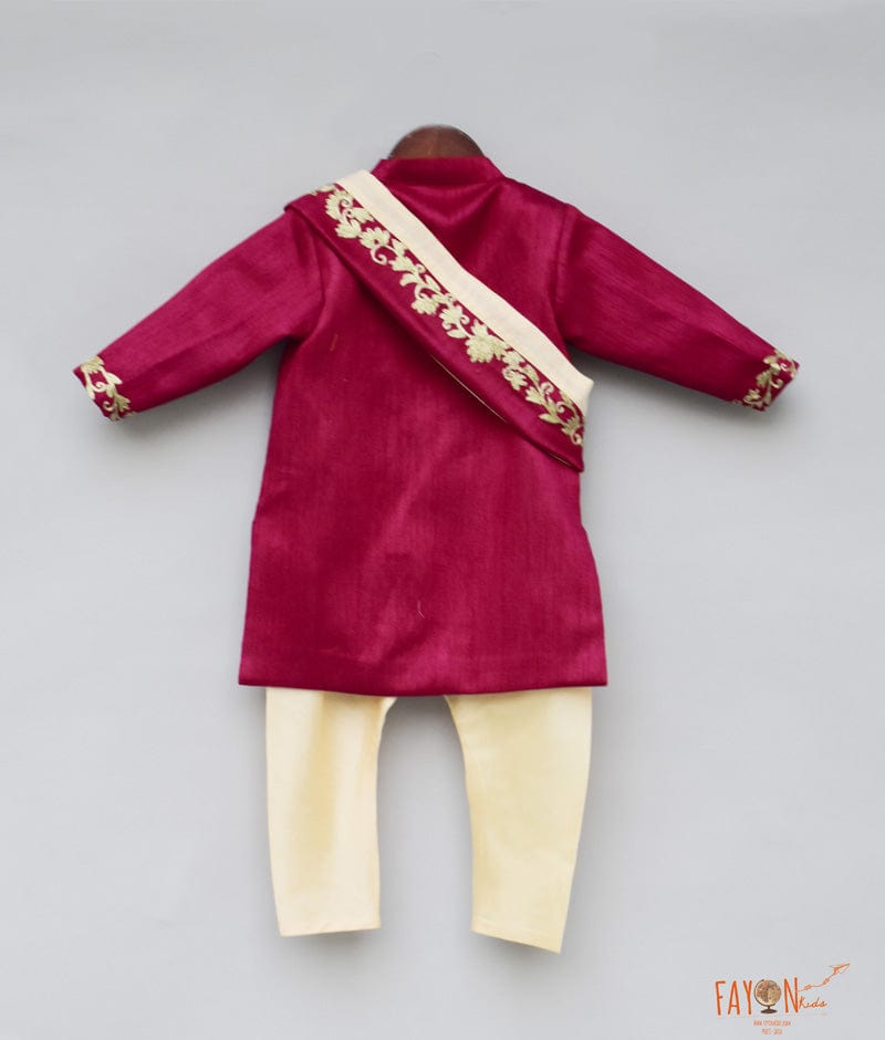 Maroon Embroidery Achkan with Beige Chudidar for Boys