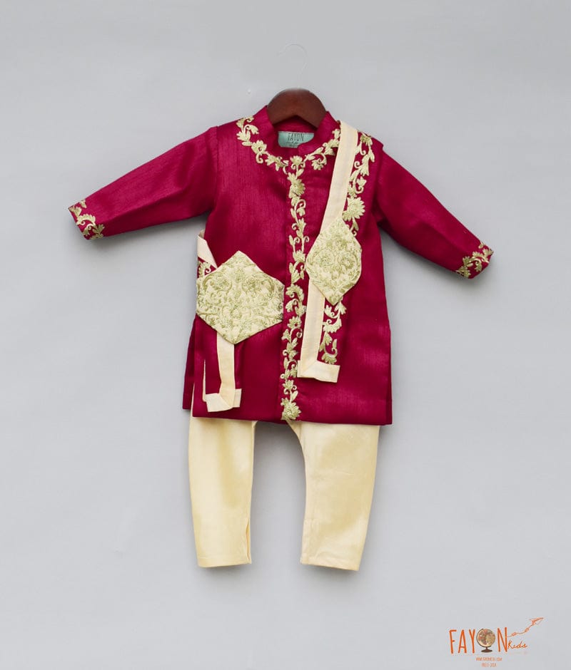 Maroon Embroidery Achkan with Beige Chudidar for Boys