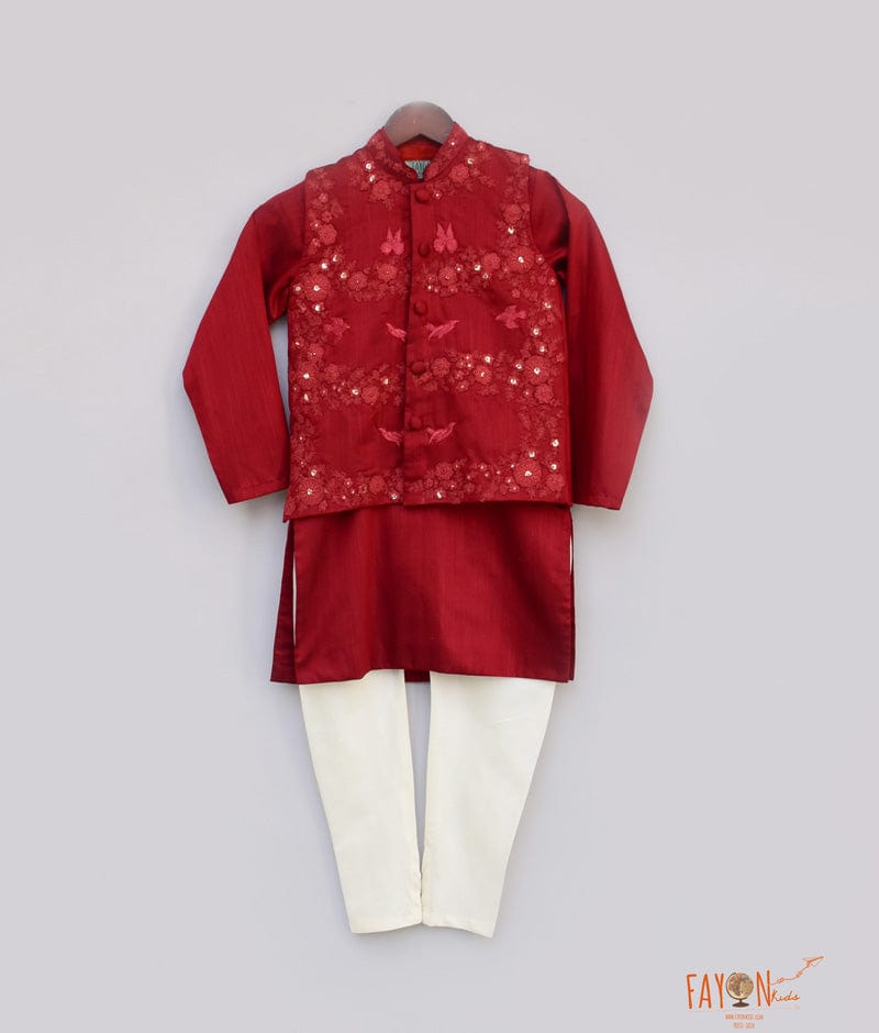 Maroon Embroidery Jacket with Maroon Kurta Chudidar for Boys