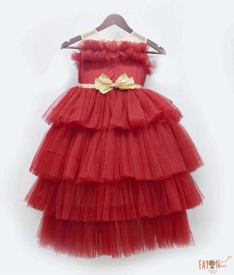 Maroon Net High Low Dress for Girls