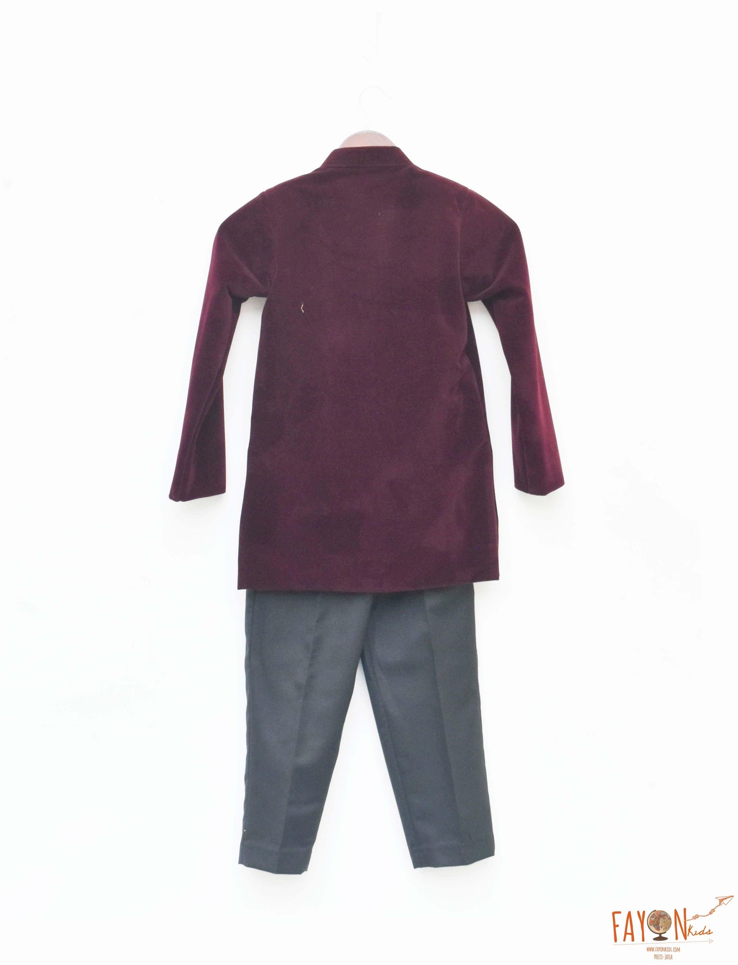 Maroon Velvet Bandgala with Black Pant for Boys