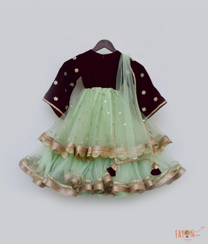 Maroon Velvet Pista Green Net Anarkali with Net Dupatta for Girls