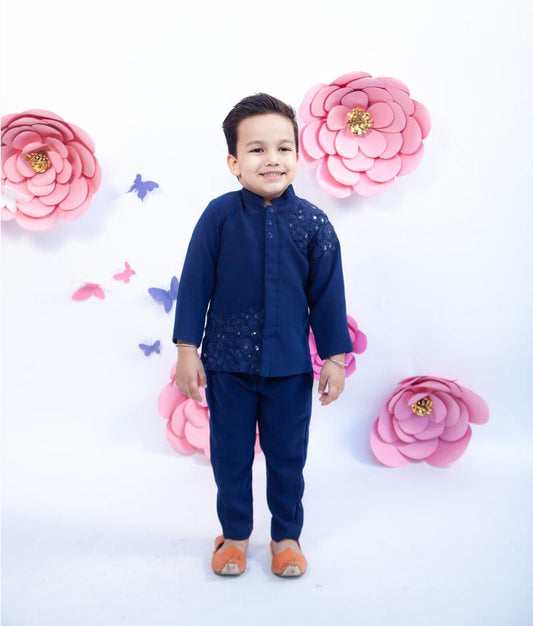 Fayon Kids Midnight Blue Embroidery Ajkan with Trouser for Boys