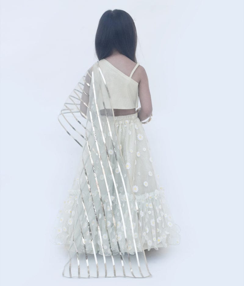 Mint Green Net Printed Lehenga with Choli Drape Dupatta for Girls