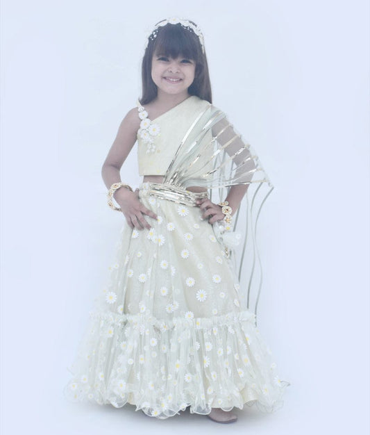 Mint Green Net Printed Lehenga with Choli Drape Dupatta for Girls