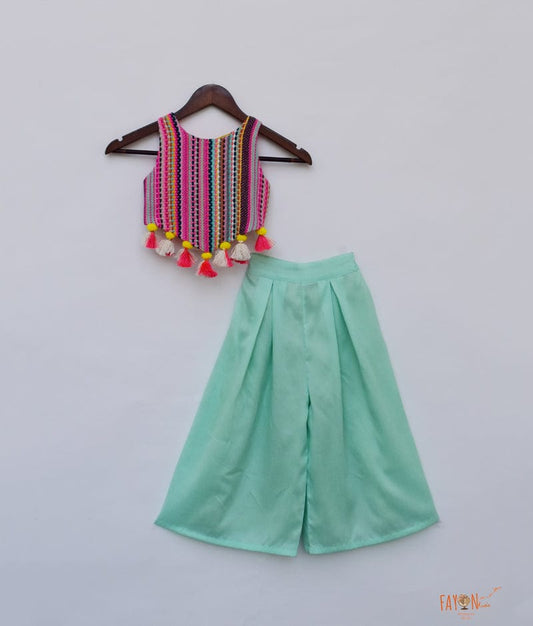 Multi Colour Knitted Top with Aqua Plazo Pant for Girls