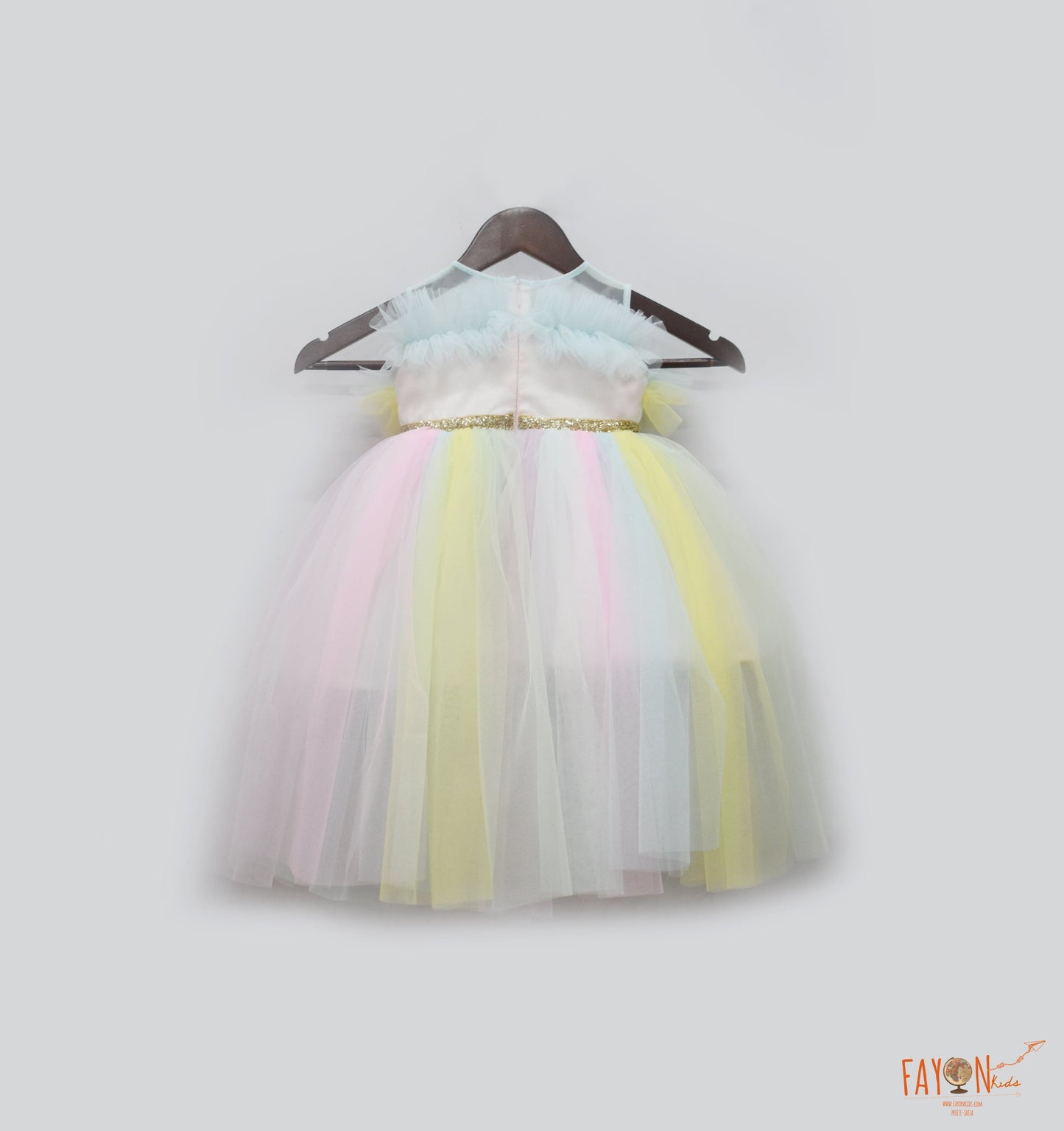 Multi Colour Net Gown with Glitter Bow for Girls