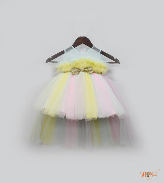 Multi Colour Net Gown with Glitter Bow for Girls