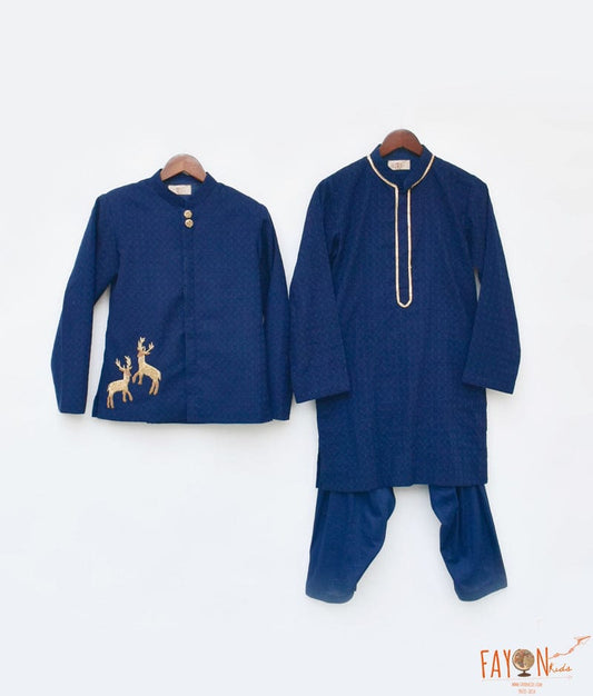 Navy Blue Nehru Jacket Self Kurta Salwar for Boys