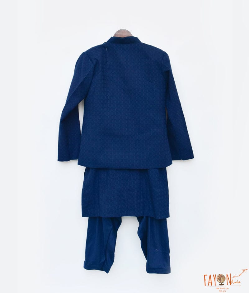 Navy Blue Nehru Jacket Self Kurta Salwar for Boys