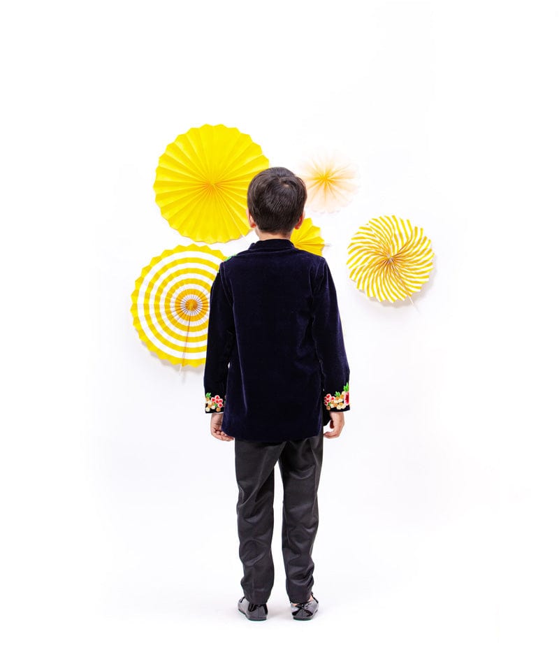 Navy Blue Velvet Embroidery Achkan with Pant for Boys