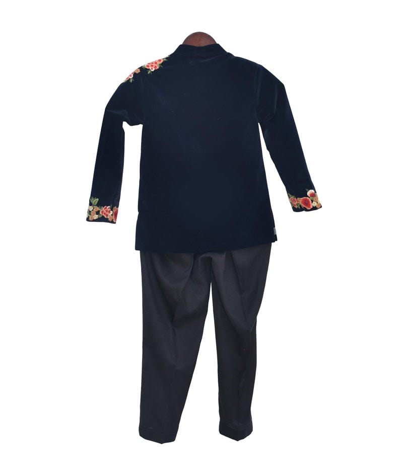Navy Blue Velvet Embroidery Achkan with Pant for Boys